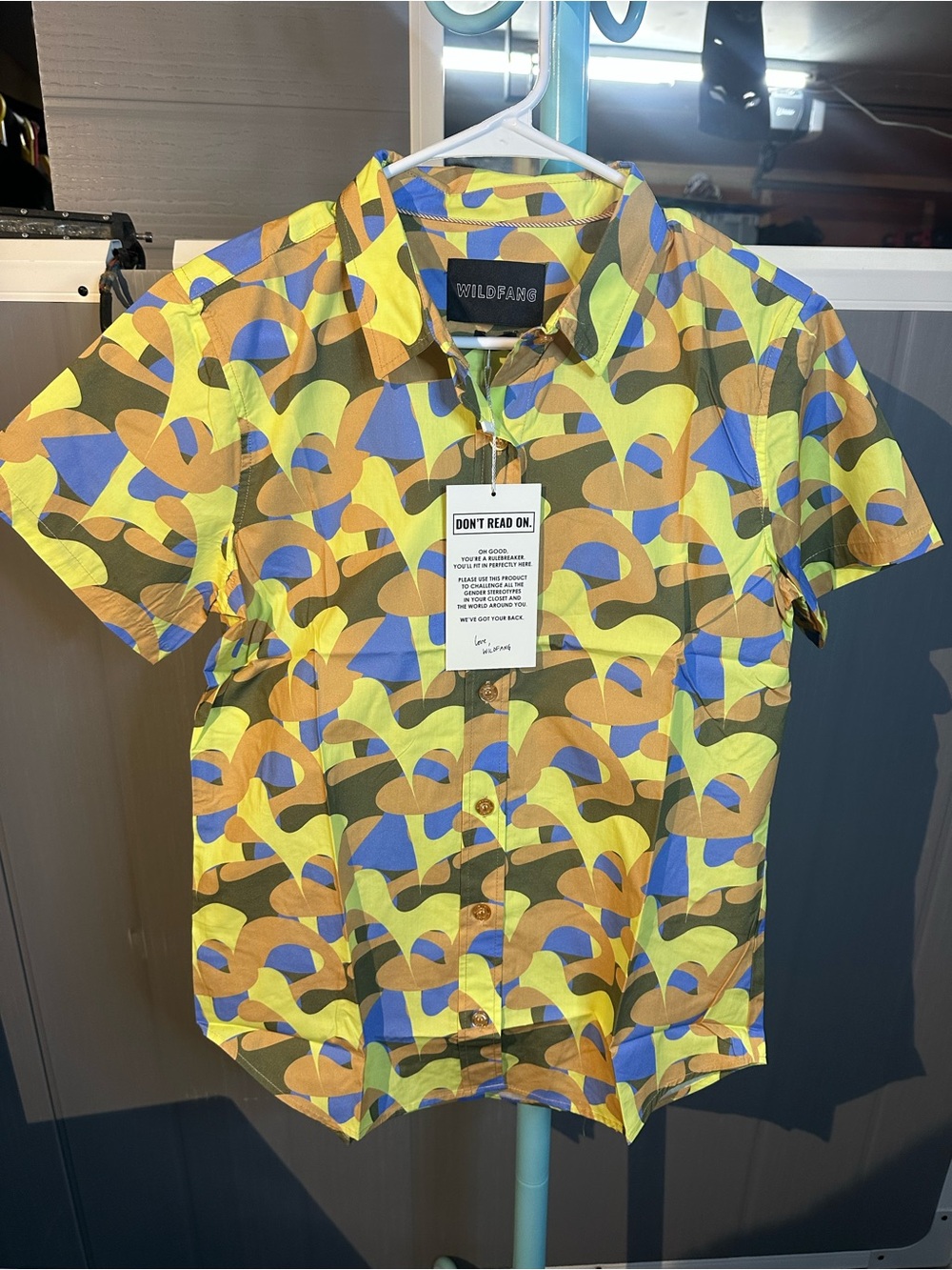 Wildfang Short Sleeve Button-Up Shirt in Yellow Blue Brown Green Abstract